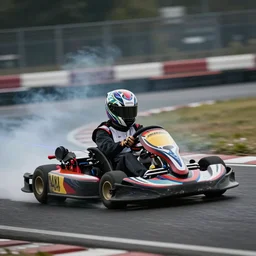young gokart racer taking a corner at speed on a race track, motion blur lights, laser, smoke, debris, fast movement