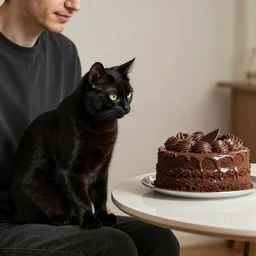 a sinister cat sitting on a lap of a man looking at a chocolate cake on a table, photography, award - winning, hyper detailed, 4 k, smooth, sharp focus, trending