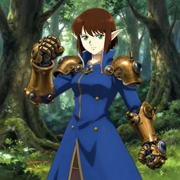 character portrait of young female elf in the woods, fisting monk, massive steampunk hands, blue skintight closed longcoat, brown bob haircut, green eyes, white skin, high fantasy, steampunk, akihiko yoshida, james jean andrei riabovitchev marc _ simonetti, yoshitaka amano