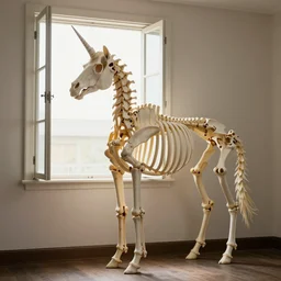a unicorn horse skeleton standing next to an open window, artstation