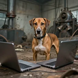 the brown hound dog mad mutt mixing industrial music on a laptop in an apocalypsecore setting
