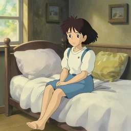 bedroom in studio ghibli, girl sitting on bed, anime style