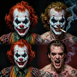 4 k headshot of scary godlike psychedelic clown smoking a cigarette from macfarlane comics, ( ( ( smirk ) ) ) tattoos by craig mullins, ilya kuvshinov, indomitable, wild hair, krenz cushart, blood spatter, muscular, symmetry accurate features, epic, artgerm trending on artstation by edward hopper and dan mumford and wlop and rutkovsky