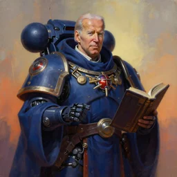 painting of joe biden as a cloaked tech priest holding a book, adeptus mechanicus!, cybernetic enhancements attached to his body, praise the omnissaiah, zdzislaw beksinski, lewis jones, mattias adolfsson, warhammer 4 0 k!!, cold hue's, warm tone gradient background, concept art, digital painting