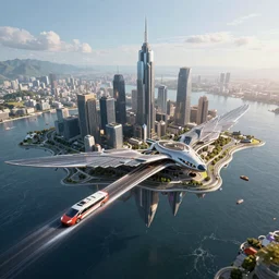 a futuristic city floating on water with flying cars, wide angel shot