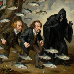 The portrait of three sarcastic mans with a lot of fish running away from Grim Reaper who laughs and follow them, by Hieronymus Bosch and Pieter Bruegel inspired by Terry Pratchett, super detailed oil painting, hyper realistic, 4k, masterpiece