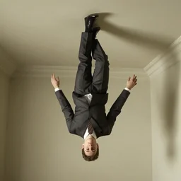 man in suit walking upside down on room ceiling, by rene magritte