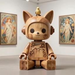 8k octane render ultra photorealistic hyperdetailed a wooden sculpture ,art toys on feet ,very cute robot mystic with bird and cat ears zen meditation cyberpunk concept art ,trending on cgsociety ,artwork masterpiece , a on contemporary art gallery and néo Paris by Alphonse Mucha and Lego