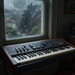 a detailed illustration of a synthesizer in a room, outside window acid rain in a gloomy sky, artstation, by Peter Mohrbacher, Art Nouveau, sophisticated,  depth of field,Unreal engine, dystopia, anti-utopia, post processing, nostalgic melancholic artwork, intricate