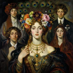 dynamic composition, a painting of a woman with hair decorated with flowers and peacock plummage wearing and ornate necklace, a surrealist painting by tom bagshaw and jacek yerga and tamara de lempicka and jesse m. king, featured on cgsociety, pop surrealism, surrealist, dramatic lighting, wiccan, pre - raphaelite, ( ( ornate gilded details ) )