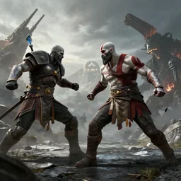wide angle of kratos from god of war fighting legion from titanfall 2 by greg rutkowski