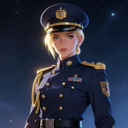 beautiful portrait of a female officer wearing a fancy naval uniform, art by wlop and artgerm, science fiction, blonde hair, space background, trending on artstation, sharp focus, illustration, caustics, octane render, radiant light