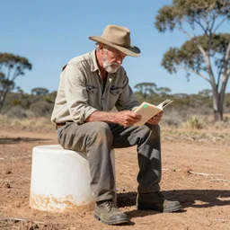 Aussie opal hunter Greg The Bishop sat on the dunny reading Shakespeare