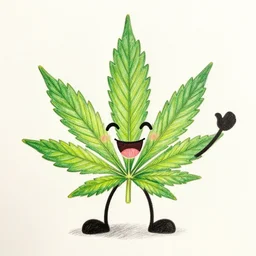 cannabis leaf with a smiling face and arms and legs cartoon, colored pencil illustration
