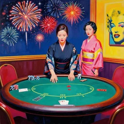 hyper - realistic composition of a room in a casino with an extremely detailed poker table, croupier in kimono standing nearby fireworks in the background, pop art style, jackie tsai style, andy warhol style, acrylic on canvas
