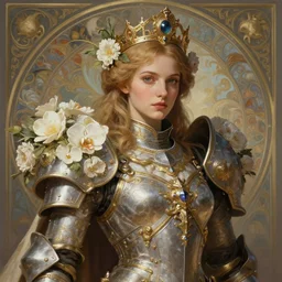 portrait of imogen poots as a warhammer paladin with flowers, by sasha tudvaseva, deep focus, intricate, elegant, regal, highly detailed, digital painting, artstation, concept art, matte, sharp focus, illustration, warhammer, fantasy, hearthstone, art by artgerm and greg rutkowski and alphonse mucha