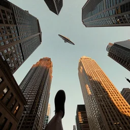 looking up into the sky, first person view, surrounded by sky scrapers, shadows, large unidentified flying craft, golden hour