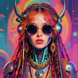 colorful portrait of a female hippie with round sunglasses and cybernetics, set in the future 2 1 5 0 | highly detailed | very intricate | symmetrical | professional model | cinematic lighting | award - winning | painted by mandy jurgens and ross tran | pan futurism, dystopian, bold psychedelic colors, cyberpunk, groovy vibe, anime aesthestic | featured on artstation