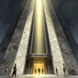 a 7 0 s sci fi illustration art of the entry of a japanese futuristic tower, with layered marble wall decorations by tim hildebrandt, dylan cole, eric heschong, god ray