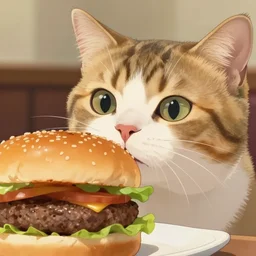 full close up image cat looking at burger food, cat, close up, full image, food, burger, hamburger, tasty look, artstation, style of jesper ejsing, by rhads, makoto shinkai and lois van baarle, ilya kuvshinov, rossdraws