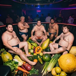 a photo of a nightclub. fat men in swimsuits and giant fruit and vegetables all over the floor.
