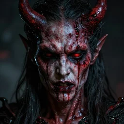 eerie photorealistic demon cinematic bloody face dark