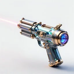curvy bulky retro futuristic laser energy gun full concept art profile schematic detailed intricate isometric glass metal greebles 8k octane render