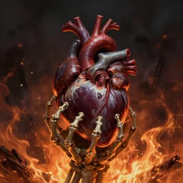 skeleton hand holding anatomically correct heart, darkness, hyper realism, mystery, scared, fantasy, dark, highly detailed, digital painting, on fire background, concept art, sharp focus, illustration, epic light, artstation