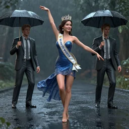 3 d unreal engine octane render of miss of the world dancing in the rain, by conrad roset and by greg rutkowski and by leonid afremov