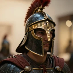 a warrior wearing a hoplite helmet, museum photography, closeup, bokeh, golden hour