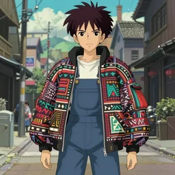 majora majora's mask wearing oversized mayan bomber jacket with overalls, bulky poofy bomber jacket with mayan patterns, aztec street fashion, botw art style, gapmoe yandere grimdark, trending on pixiv fanbox, painted by greg rutkowski makoto shinkai takashi takeuchi studio ghibli, akihiko yoshida