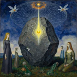 study of the psychedelics dream bot mothership firefly net over the sublime sacred rock. painting by mikalojus konstantinas ciurlionis, monet, bosch, wayne barlowe, agnes pelton, rene magritte