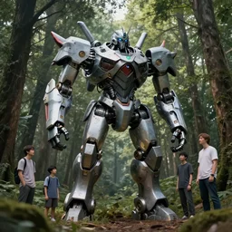 A large mechanical robot statue in the middle of a forest by Greg Rutkowski, Sung Choi, Mitchell Mohrhauser, Maciej Kuciara, Johnson Ting, Maxim Verehin, Peter Konig, final fantasy , 8k photorealistic, cinematic lighting, HD, high details, atmospheric,