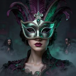 centered portrait of a beautiful woman wearing a venetian mask, intricate concept art, ethereal, highly detailed, artstation, plum and emerald color scheme, smooth, cinematic, mist, dramatic lighting, darksynth, illuminated lines, outrun, vaporware, by ruan jia and ilya kuvshinov and liam wong and alphonse mucha