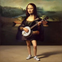a young woman wearing a short dress and sneakers playing a banjo!, looks like mona lisa, sharp focus, hyper realistic, centered, extremely detailed, long shadows, wide shot!, a painting by leonardo da vinci