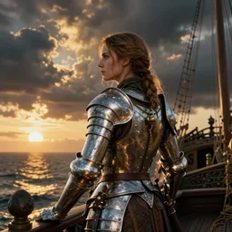portrait of a medieval woman ship pilot from behind, ship on the sea, dramatic golden neon sunset with deadly storm clouds, wearing shiny breastplate, octane render, dynamic lighting, hyperrealistic, artstation
