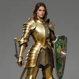 full body portrait of a female warrior medium length brown hair and a very very highly detailed face wearing elegant golden plate mail armor intricately painted with green and white white accents, holding a rectangular tower shield, very highly detailed, artstation, cgsociety, realistic character concept art, sharp focus, by greg rutkowski, artgerm, and alphonse mucha