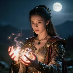 closeup of a very good looking fantasy sorceress wearing amazing detailed clothes, holding magical energy in her hands!! in the moonlit mountains, dramatic lighting, lens flare, 3 5 mm f 1. 2, professional photography, kodak ektar