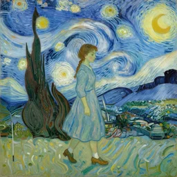 girl with an umbrella girl. a walk inside a van gogh painting is a starry night. inside the painting. see everything from the inside. clearly detailed. dramatic
