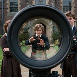 sharp lens, highly detailed, film still from a 2 0 1 9 sci fi color movie, set in 1 8 5 0 in an alternate universe, mid distant shot of three students practicing magic, outside the school of magic, 1 8 5 0 s era clothing, atmospheric lighting, in focus, real faces, 3 5 mm macro lens, live action, good photography