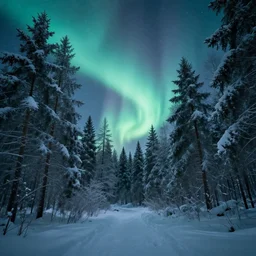 high res cinematic film still of a frozen forest with aurora in the sky 4k