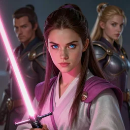 gorgeous blue eyed brunette girl!! pink lightsaber! jedi, fire emblem, art by artgerm and greg rutkowski and magali villeneuve, portrait, d & d, fantasy, highly detailed, digital painting, trending on artstation, concept art, sharp focus, illustration