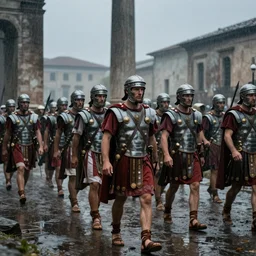 column of Roman soldiers marching under pouring rain. Year 45 BC. dusk. bad weather. 8K. detailed. photorealism. artstation. 25mm f/1.7 ASPH Lens. ultra realistic