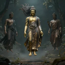 buddha with long hairs floating above the ground, art by James Jean and Wayne Barlowe, high detail, cinematic, cgsociety 8k