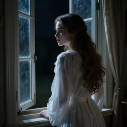 Halloween film, cinematic color tones. Scene where a woman in white looking the window from dark room at night, focus on her back