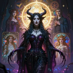 beautiful gothic succubus girl with a halo highly detailed portrait concept art, witchery symbols, doom, artgerm, alphonse mucha, maxim sukharev, alexey egorov, kilian eng, radiant aura, majestic, masterpiece, psychedelic, vibrant, trending on artstation, octane render, 8 k