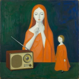 born under a bad sign, watches, radios, good luck and trouble are my only friends, colors white!!, orange, dark green, dark blue, abstract oil painting by leonora carrington, by max ernst