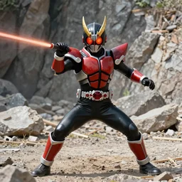 High Fantasy Kamen Rider, 4k, vibrant colors, rock quarry location, glowing eyes, fantasy inspired dragon armor, action scene, daytime, Fabian Wagner Cinematography,