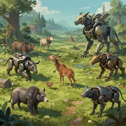 Highly Detailed digital illustration about the beauty of nature in a lunarpunk world where all animals have been replaced by mechanical beasts. Trending on Artstation