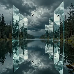 lake of mirrors, shattered glass fractured textures, mirrored reflections, cinematic, filmic, realistic, stormy, ominous, portal, forest, kaleidoscope, isometric, hexagonal columns, grid, birds view